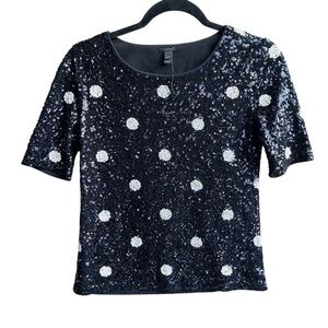 J Crew B&W Sequin Polka Dot Pullover Crewneck Shirt XXS